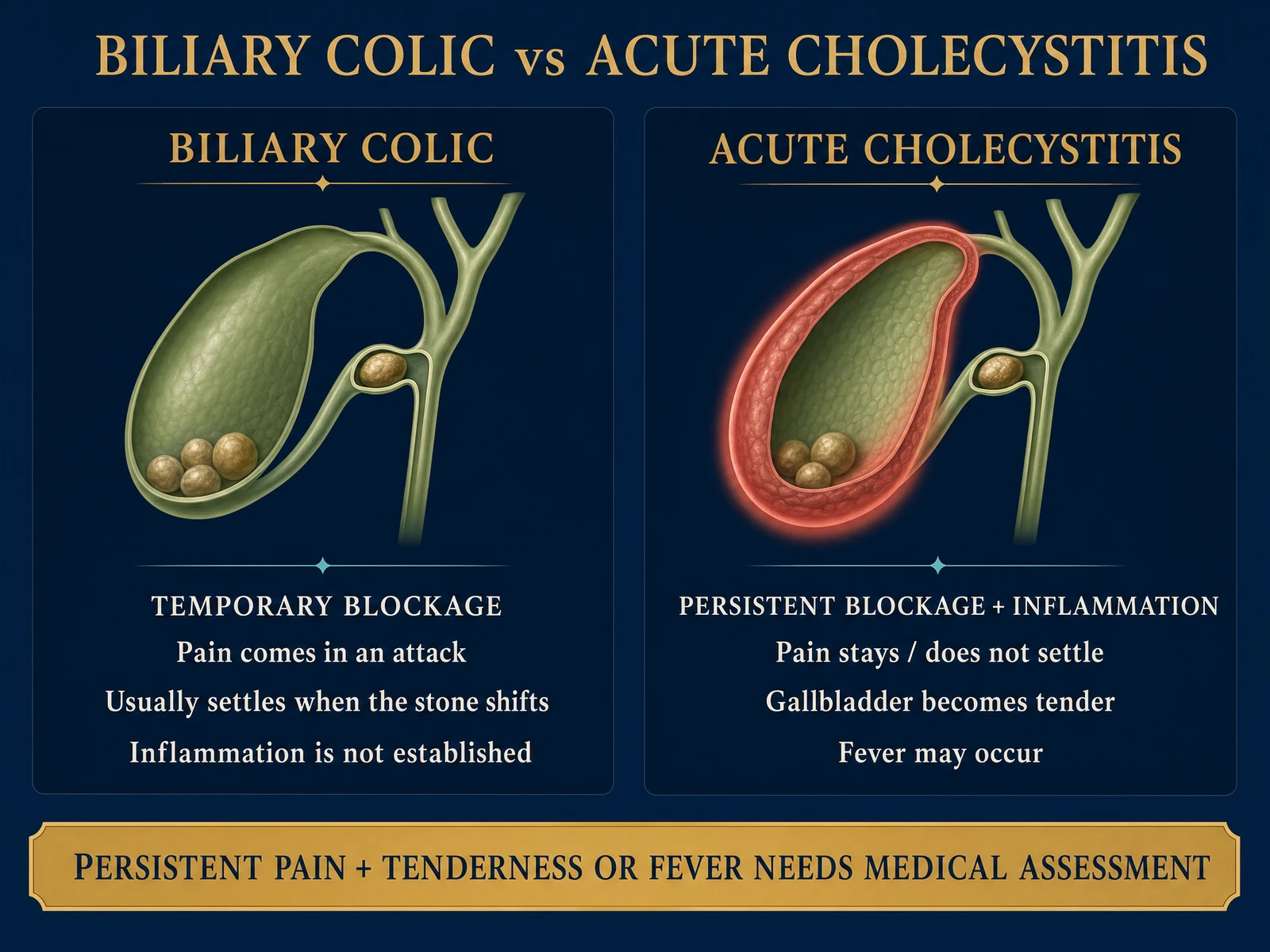 Comparison figure ‘Biliary colic vs acute cholecystitis’. Biliary colic: a temporary blockage, pain comes in an attack, usually settles when the stone shifts, inflammation is not established, gallbladder wall normal. Acute cholecystitis: persistent blockage with inflammation, pain stays and does not settle, the gallbladder becomes tender, fever may occur, gallbladder wall thickened and inflamed. Banner: persistent pain and tenderness or fever needs medical assessment.