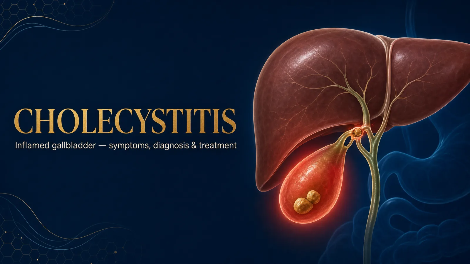 Editorial title image ‘Cholecystitis — inflamed gallbladder, symptoms, diagnosis & treatment’ on a deep navy background, showing the liver with an inflamed gallbladder beneath it containing gallstones.
