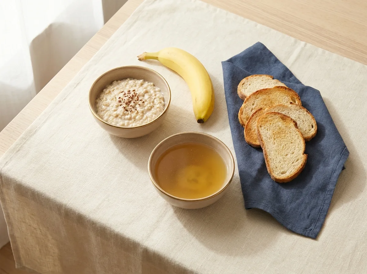 A calm still-life of gentle first-week recovery foods — plain oats, a banana, clear soup and toast — arranged simply, signalling low-fat, easy-to-digest eating.