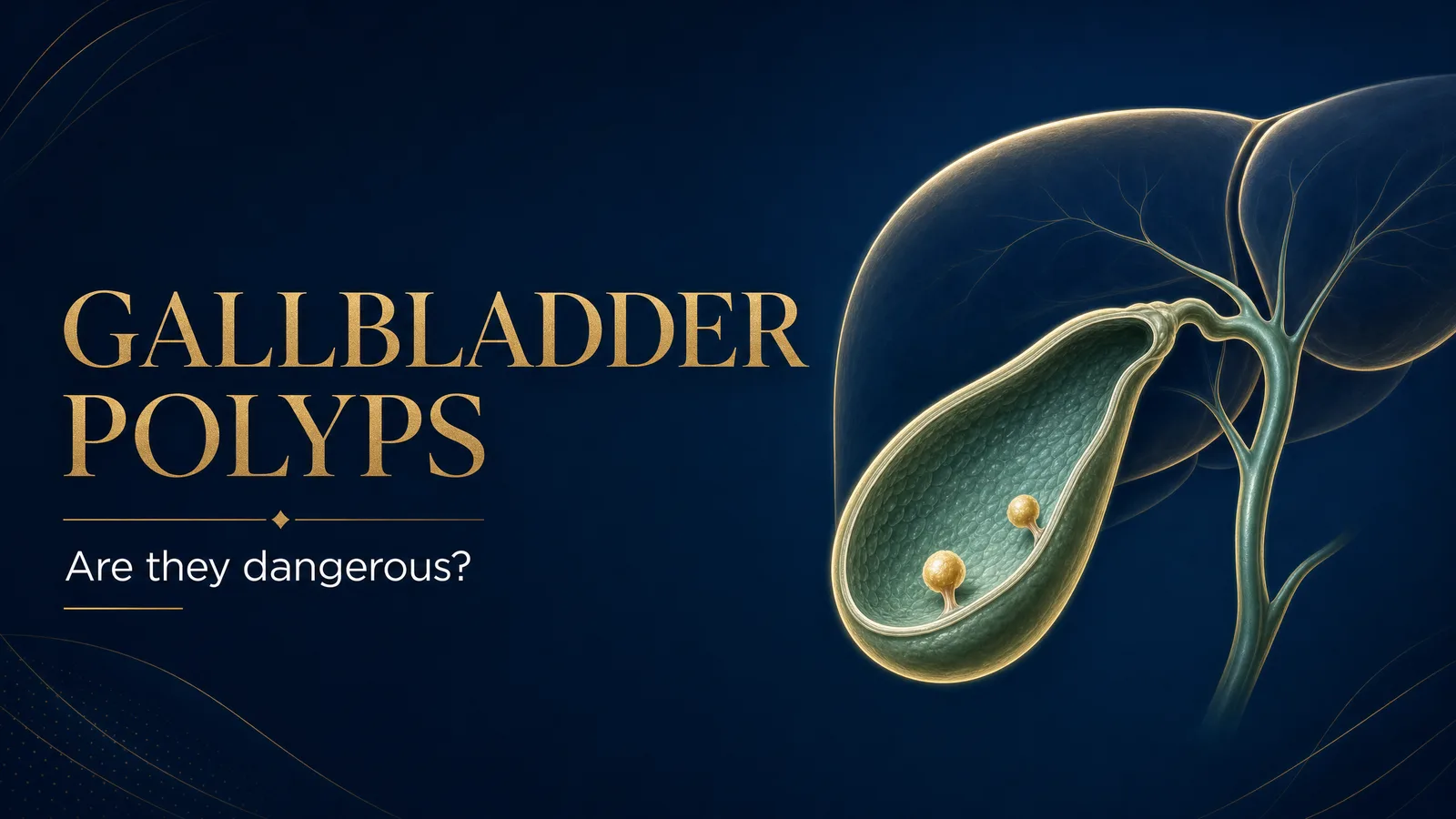 Editorial illustration of a gallbladder shown in cross-section with two small polyps on its inner lining, beside the title Gallbladder Polyps — are they dangerous?
