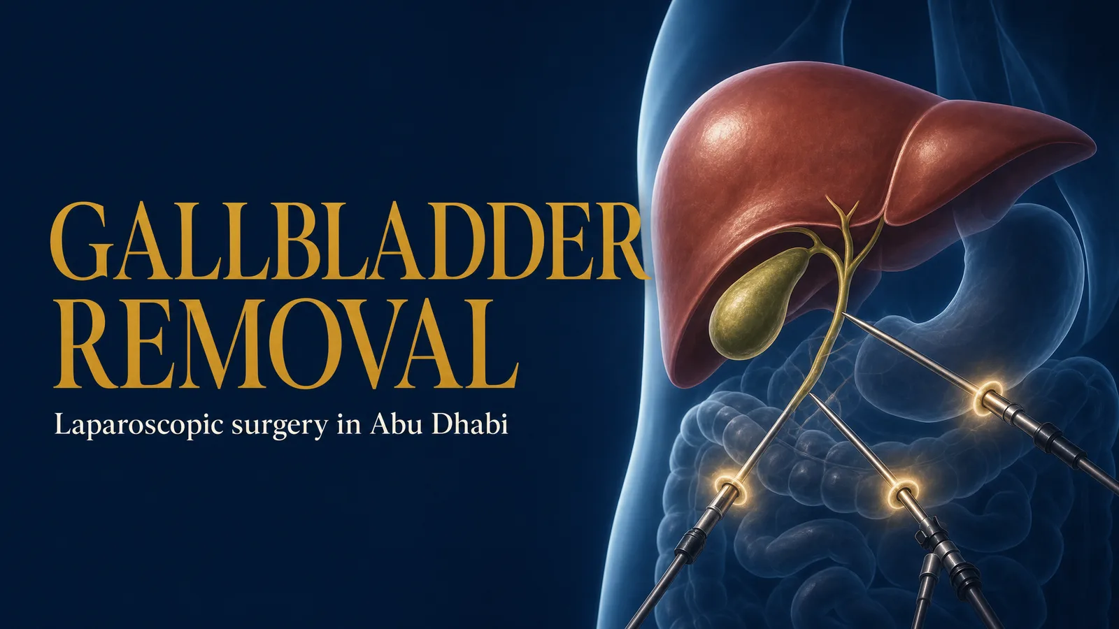 Title image ‘Gallbladder Removal — Laparoscopic surgery in Abu Dhabi’ showing the liver and gallbladder with laparoscopic keyhole instruments on a deep navy background.