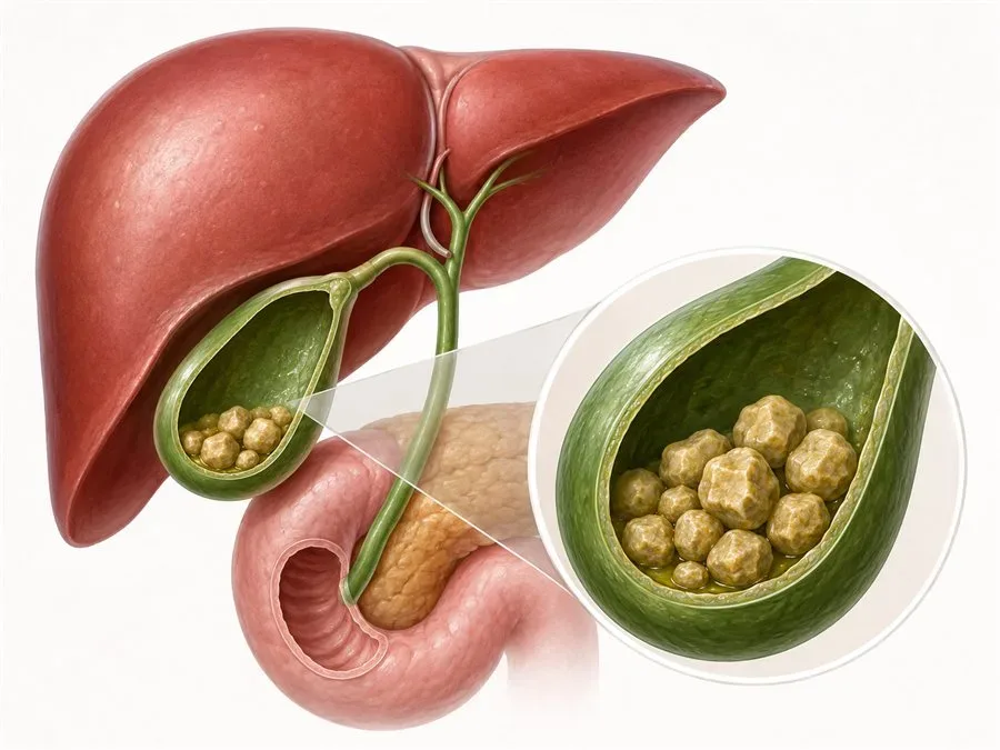 Illustration of gallstones inside the gallbladder