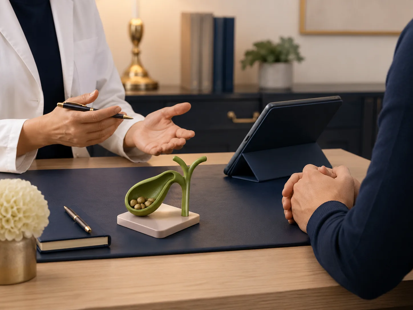 A doctor in a white coat discussing gallbladder stones with a patient across a desk, beside an anatomical model of a gallbladder containing small gallstones
