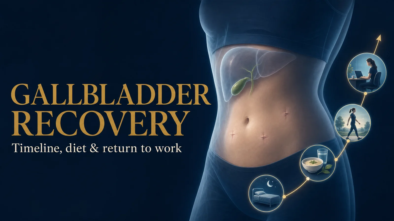 Title image ‘Gallbladder Recovery — Timeline, diet & return to work’ showing a torso with small healed keyhole marks and a step-by-step recovery progression on a deep navy background.