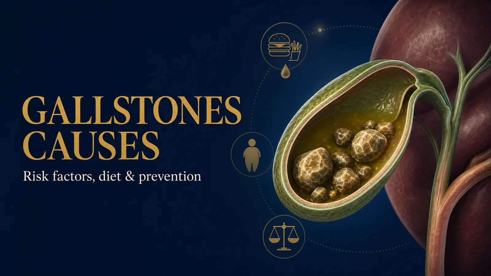 Title image ‘Gallstones Causes — Risk factors, diet & prevention’ showing a gallbladder cutaway with gallstones and subtle diet, obesity and metabolic risk-factor icons, on a deep navy background.