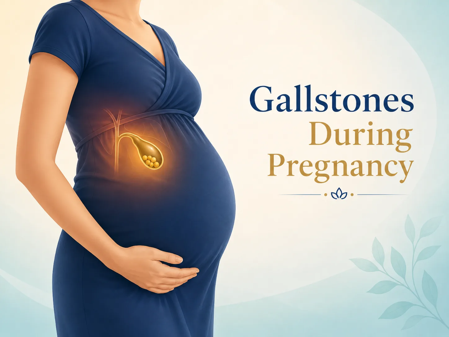 Illustration of a pregnant woman shown from the neck down, one hand resting beneath her bump, with a softly glowing gallbladder containing small gallstones highlighted over her upper-right abdomen.