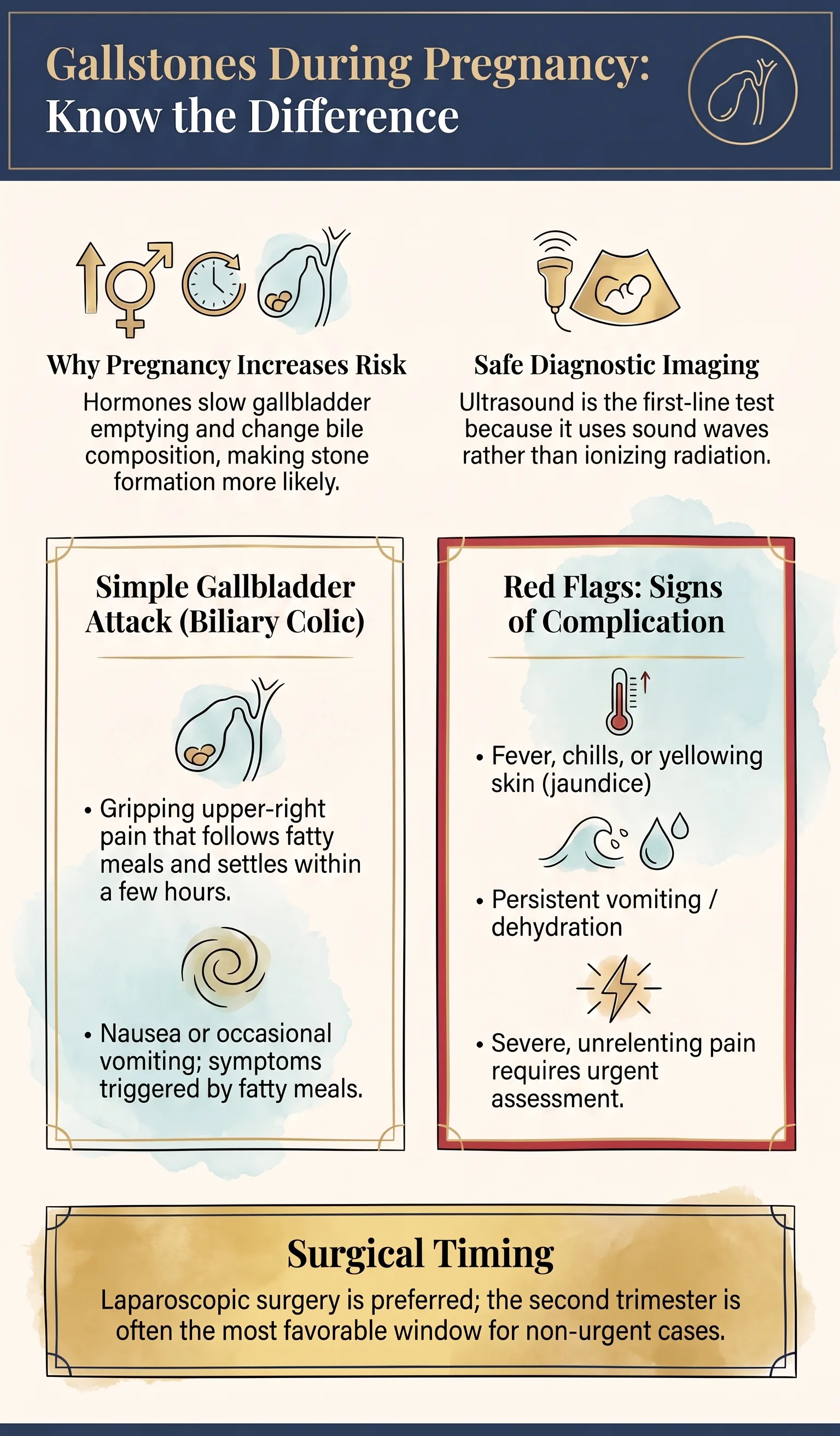 Infographic titled “Gallstones During Pregnancy: Know the Difference” contrasting a simple gallbladder attack — gripping upper-right pain after fatty meals that settles within hours — with red-flag warning signs such as fever, chills, jaundice, persistent vomiting, or severe unrelenting pain that need urgent assessment, and noting that ultrasound is the safe first-line test and that laparoscopic surgery, often in the second trimester, is preferred when an operation is genuinely needed.