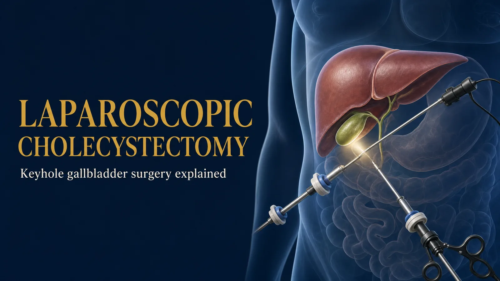 Editorial title image ‘Laparoscopic Cholecystectomy — Keyhole gallbladder surgery explained’ showing the liver and gallbladder with laparoscopic keyhole instruments, on a deep navy background.