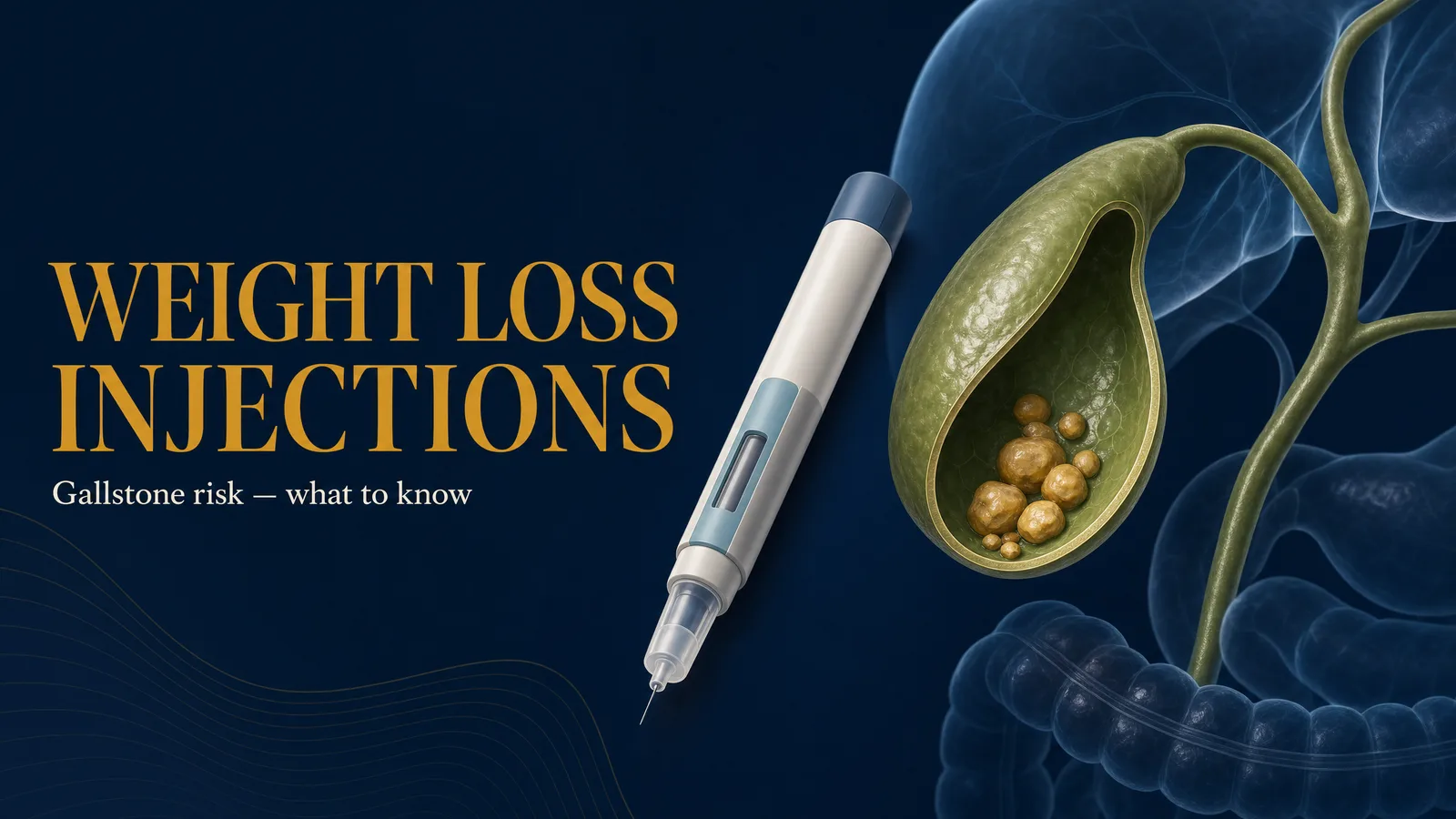 Title image ‘Weight Loss Injections — Gallstone risk, what to know’ showing a generic unbranded injection pen beside a gallbladder cutaway containing gallstones, on a deep navy background.